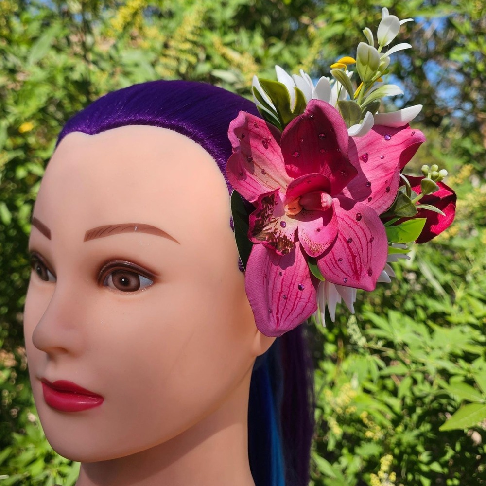 Handmade Pink Orchid Lotus Tropical Floral Hair Clip Rhinestone Tiki Pinup Luau